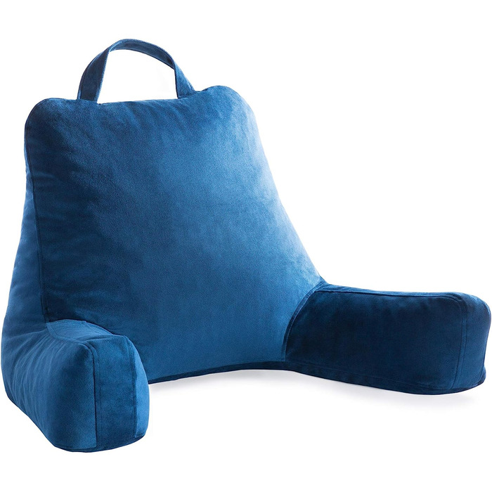 Подушка для читання Linenspa з подрібненим пінополіуретаном (Memory Foam), спинка для сидіння в ліжку, для читання, ігор, перегляду телевізора – подушка-стілець з підлокітниками, ідеальна для гуртожитків, темно-синій, стандартний розмір