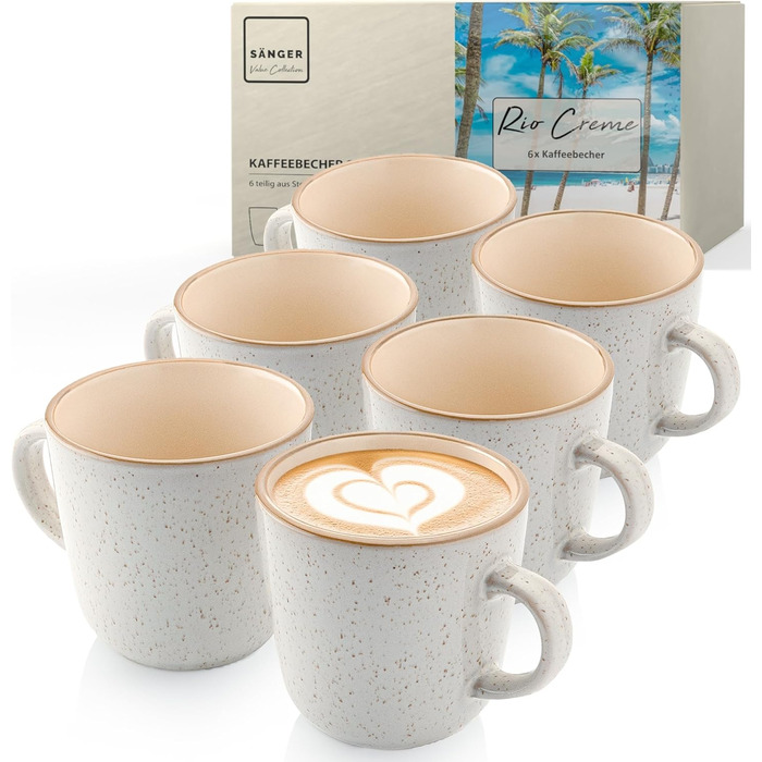 Набір кавових чашок SÄNGER Rio Creme (6 шт.) з кераміки, 430 мл. Керамічні чашки для кави та чаю, підходять для миття в посудомийній машині та використання в мікрохвильовій печі.