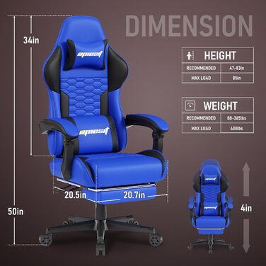 Ігровий крісло з підніжкою, регульованими підлокітниками та підтримкою попереку, ергономічне для дорослих, велике, високе, блакитне