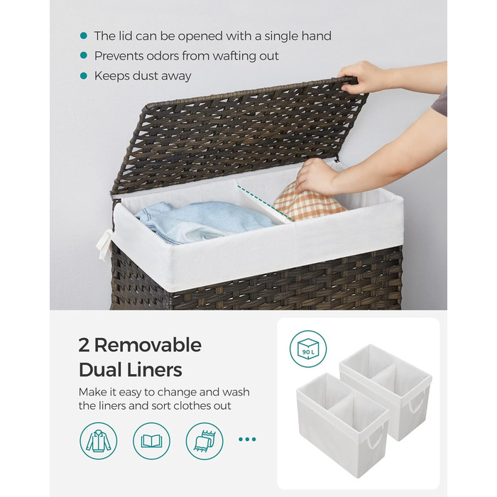 Кошик для білизни Songmics з кришкою, 90 л, з 6 мішечками, з лози, коричневий