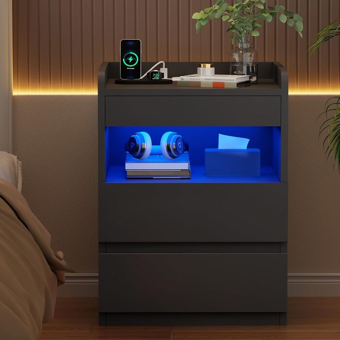 Нічний столик BEWISHOME 2 шт., з прихованою поличкою та розеткою, з функцією зарядки, для вітальні та спальні (чорний) EFCG02B