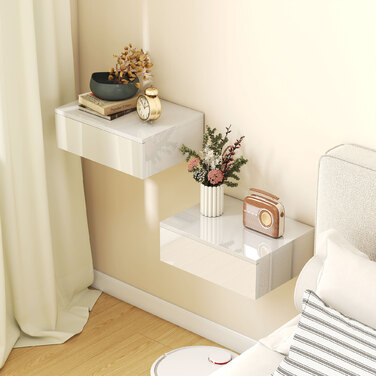 Набір з двох приліжкових тумбочок, настінне кріплення, з висувним ящиком, для спальні, ДСП, білий