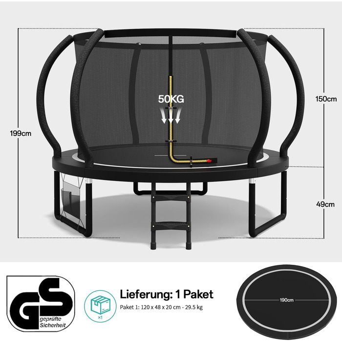Батут садовий Flamaker Ø228/305/366/427 см з захисною сіткою, до 150 кг, для дітей та дорослих, чорний