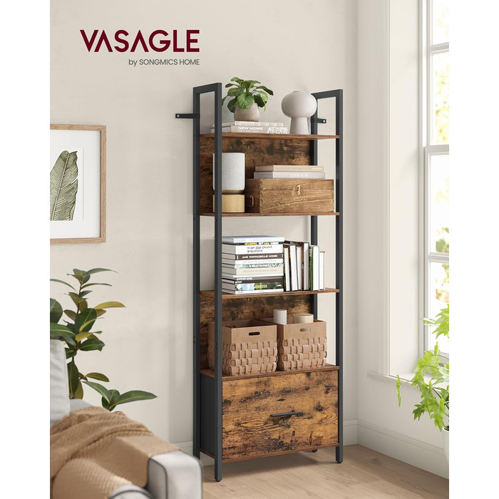 Стелаж VASAGLE з 5 полицями, кутовий, з шухлядою, промисловий дизайн, сталевий каркас, для вітальні, офісу, спальні, 24 x 40 x 165 см, вінтажний коричнево-чорний