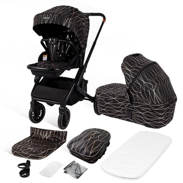 Дитяча коляска 2-в-1 BabyVoyage з люлькою та прогулянковим блоком, поворотні колеса 360°, амортизація, регульована ручка, складана, аксесуари, колір зелений (чорний-золотий)