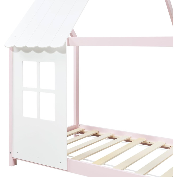Дитяче ліжко Tostedt: хатинка, ліжко-ігровий будиночок, ліжко для підлітків, модель Bettenhaus, напіввідкрите дизайну, ліжко Монтессорі з масиву сосни, 120x200 см, рожево-біле
