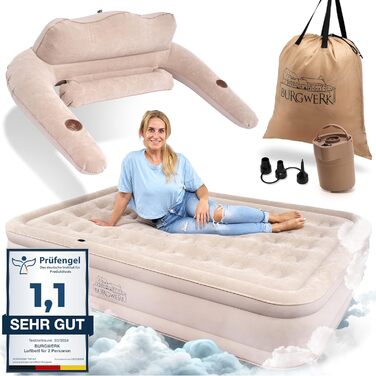 Надувне ліжко 3-в-1 | Гостьове та кемпінгове ліжко | Надувна матрац з електропомпою 150x200 | Самостійно надувна повітряна матрац (2 особи, Бежевий)
