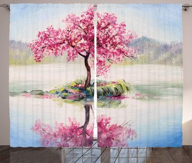 Штора з сакури в сільському стилі, японська вишня, штора зі стрічкою для спальні з рюшами з петлями та гачками, 280 x 245 см, рожево-зелений