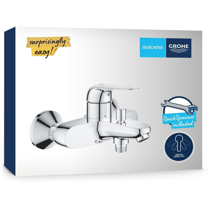 Змішувач для ванни Grohe Swift, хром, з інструментом, настінний, з автоматичним перемиканням ванна/душ, з зворотним клапаном, з металевими важелями, S-з'єднання, 24335001