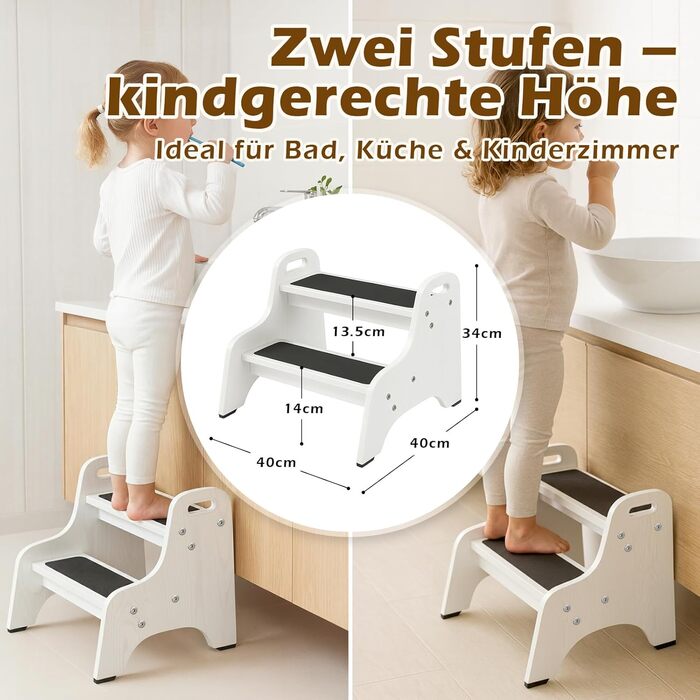 Дерев'яний дитячий стільчик Tritthocker з 2 сходинками, неслизький, для ванної та кухні, скандинавський дизайн, колір: натуральний (білий)