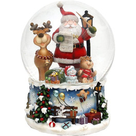 Деко-герої24 Снігова куля на хитромудро прикрашеній підставці, з музичним супроводом, мелодія Біле Різдво, Розміри L /B/H 12,5 x 12 x 14,5 см Сфера Ø 10 см (Санта з лосем)