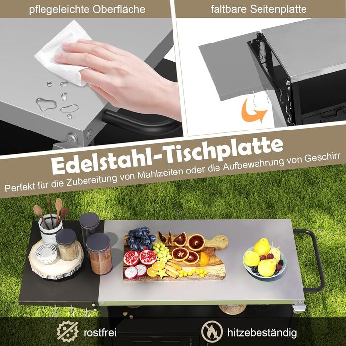 Grillwagen COSTWAY Outdoor: гриль-стіл з нержавіючою сталлю, відкидним бічним столиком, шафкою, 6 гачками та ручкою, до 100 кг, металевий столик для кемпінгу, пікніків, вечірок на відкритому повітрі, 127 x 50 x 84 см