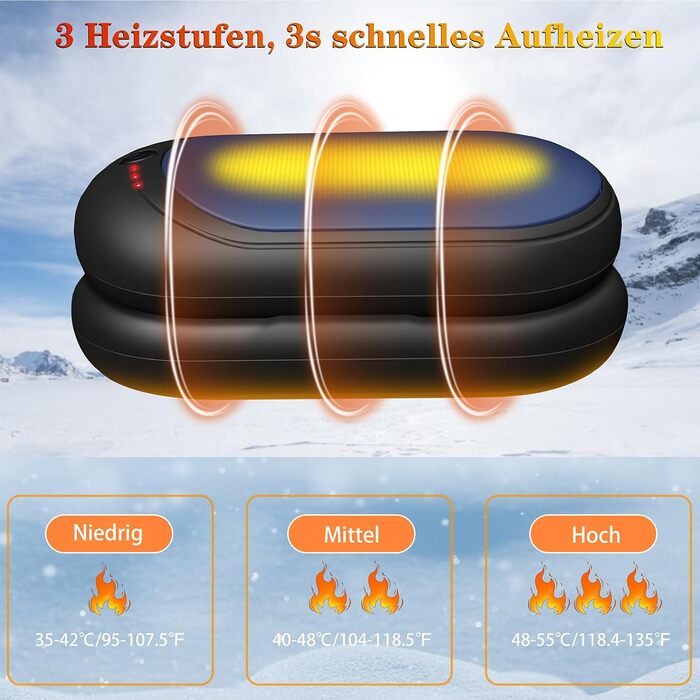 Електричний грієчка для рук, перезаряджається, 2 шт. з акумулятором 6000mAh, USB-кабель, 3 режими нагріву, 20 годин тепла, перезаряджається, для активного відпочинку взимку (чорний, синій)