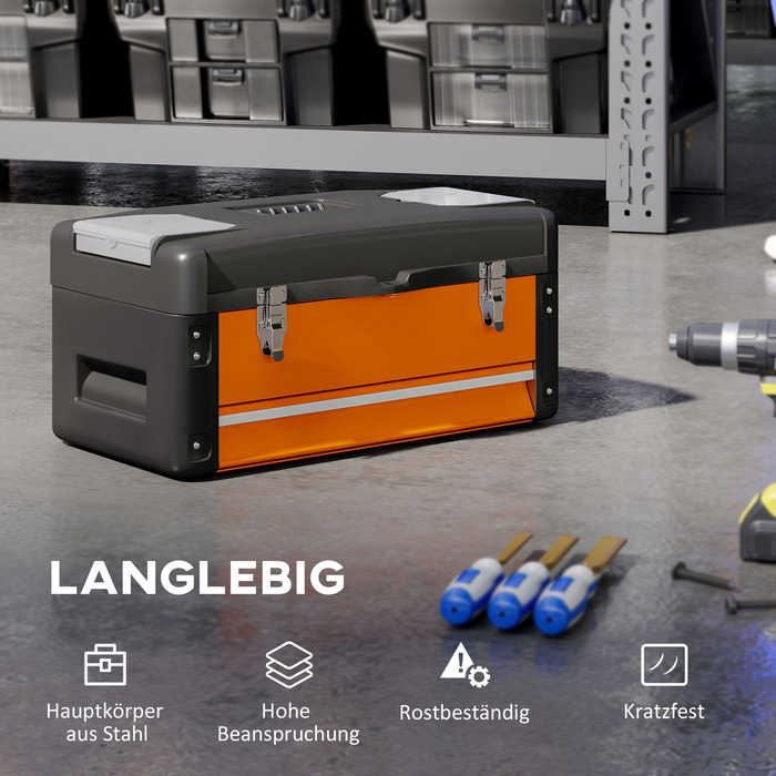 Набір інструментів порожній, 49,7 x 25,3 x 23 см. Ящик для інструментів з висувною шухлядою, міні-бокс зі сталі, помаранчевий.