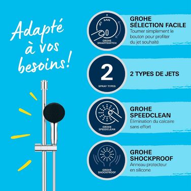 Набір для душу GROHE Vitalio 110, хром, 14 л/хв, зі змінними струменями, 60 см, для кріплення без свердління або свердління