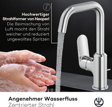 Змішувач для умивальника KLUDI-X1 з витяжною системою, поворотний на 360°, висота виливу 205 мм, водозберігаючий, розмір L, з підключенням, хром, з комплектом для зливу, хром