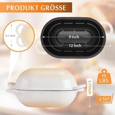 Форма для випікання хліба з кришкою Gusseisen, 23 см, емальована чавунна форма, 2.75 л, для випікання хліба, підходить для духовки (перехідний колір блакитно-зелений)