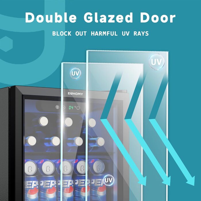 Міні-холодильник EUHOMY для напоїв на 55 банок з скляною дверцятами, чорний. Ідеально для офісу, кімнати, бару. Об'єм 36L, рівень шуму 43dB, LED-підсвітка.