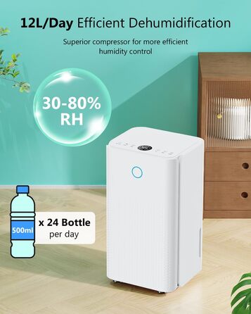 Електричний осушувач повітря 12л/день, тихий осушувач для дому, квартири, підвалу з 3 режимами, таймером 24г, автоматичною відтайкою та енергозбереженням