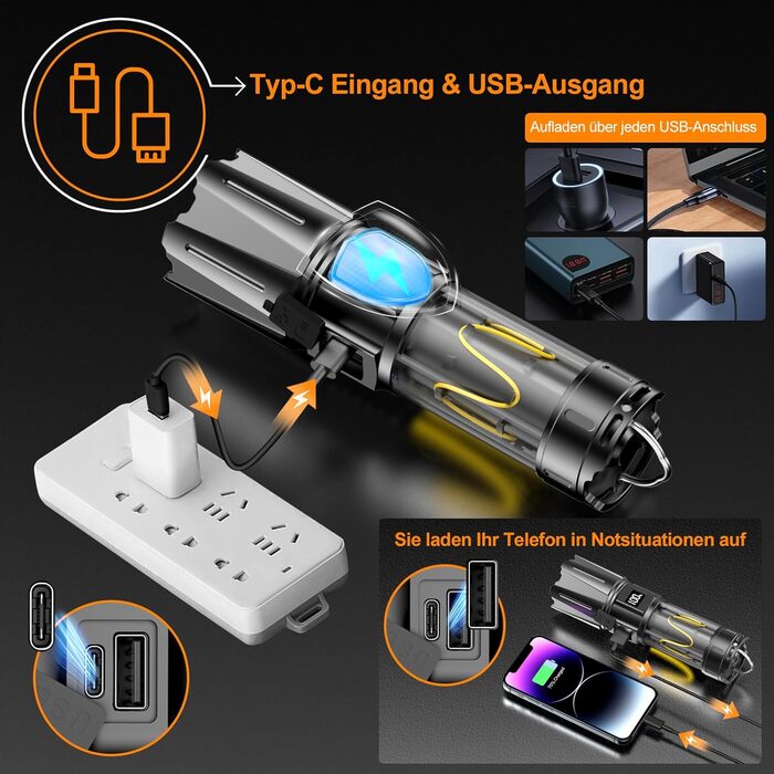 Потужний тактичний ліхтар Relybo LED, 1 000 000 Люмен, акумуляторний, з USB-зарядкою та плавним регулюванням яскравості, для кемпінгу та екстрених ситуацій (Чорний глянець)