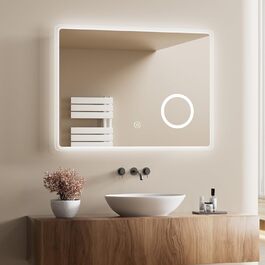 Дзеркало для ванної кімнати з підсвічуванням LED 80x60 см, регульоване, 3 колірні температури (3000K/4000K/6500K), антизапарник, вертикальна/горизонтальна установка, з 3x збільшенням