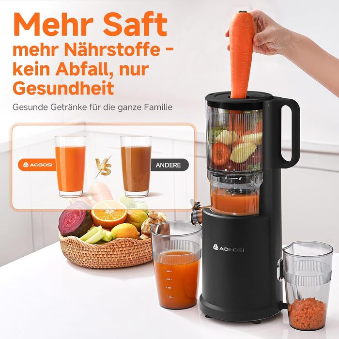 AOBOSI Повільнодіючий соковитискач з великою завантажувальною воронкою 135 мм, 200 Вт, холодний віджим, зворотний хід, потрійний фільтр, BPA-free, тихий, для свіжих соків з фруктів та овочів, чорний