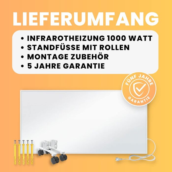 Інфрачервовий обігрівач BR Bringer Standgerät 1000 Вт - Економний, мобільний, з ніжками на колесах, 5 років гарантія, сертифікат TÜV, німецька якість (білий)