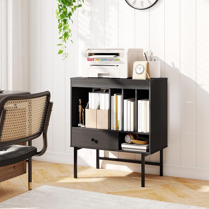 Підставка для програвача COSTWAY з місцем для зберігання вінілу, з відкритими полицями, тримачами для платівок та ящиком, дерев'яний тумбочка для музичної кімнати та вітальні, 70 x 36 x 80 см (білий/чорний)