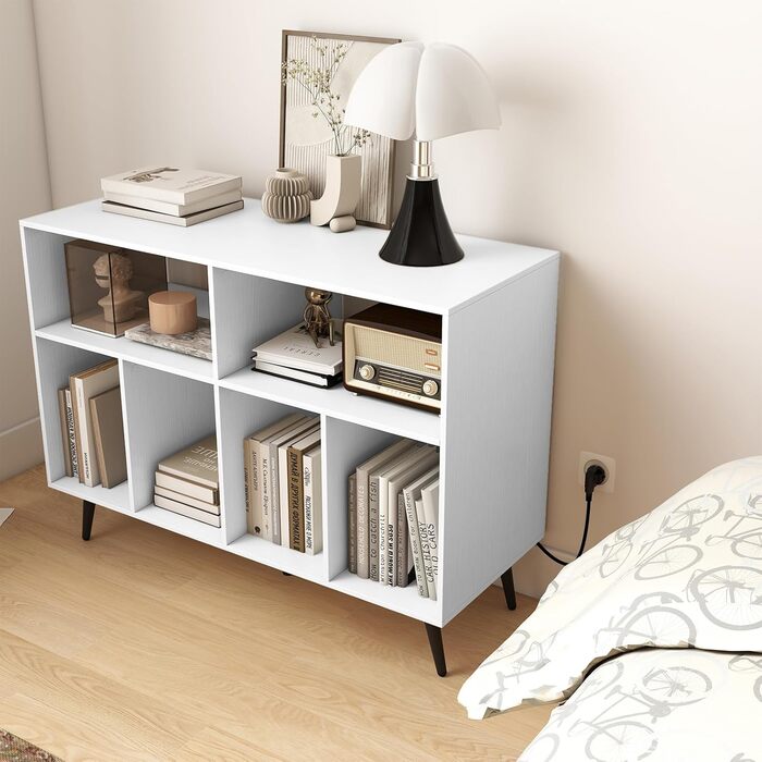 Підставка для програвача COSTWAY з зарядною станцією, тумба для програвача з полицями для зберігання вінілу, стіл для зберігання платівок з 5 металевими ніжками, комод для вітальні, музичної кімнати (білий)