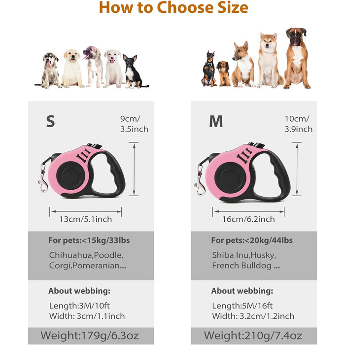 Повідець для собак PETCUTE висувний, повідець для собак з міцним нейлоновим ремінцем, ергономічна Нековзна ручка, повідець для собак малого та середнього розміру, одноручне гальмо / пауза / засувка (3 м, рожевий)
