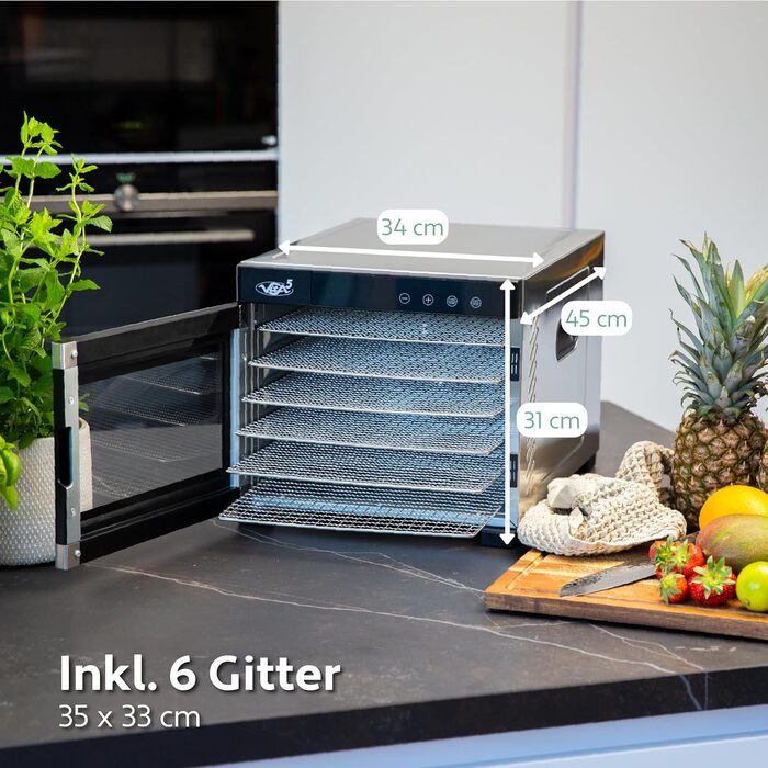 Дегідратор Vita 5 з 6-ма решітками з нержавіючої сталі - 0,7 м² сушарної поверхні, регулювання температури (35-75°C) для фруктів, овочів, м'яса. 650W, 24H таймер, LED дисплей, 6 етапів, нержавіюча сталь