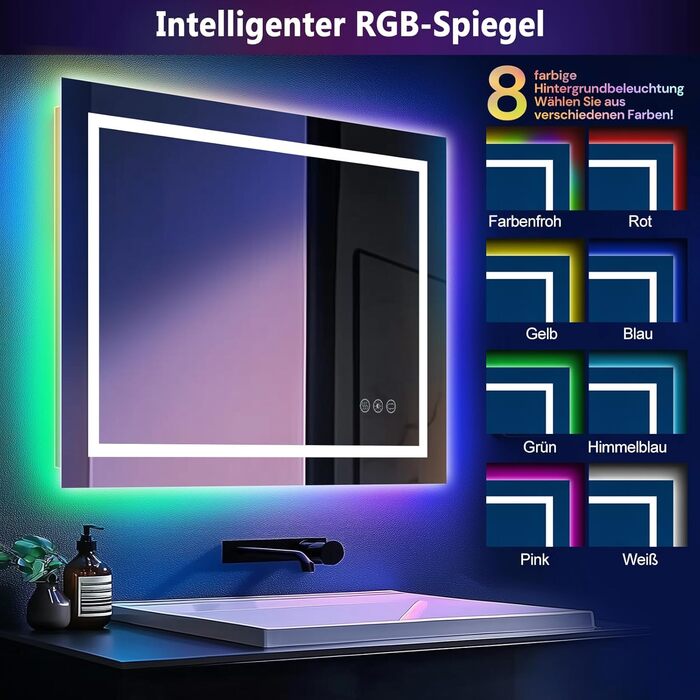 Дзеркало для ванної кімнати зі світлодіодним підсвічуванням 50x70 см, сенсорне керування, RGB