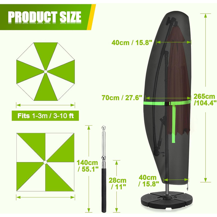 Чохол для парасольки GEMITTO, захисна оболонка для парасольки з ніжкою, водовідштовхувальний, 280x30x81/46см, для парасоль-маркетів (2-4м), 420D, захист від сонця та вітру