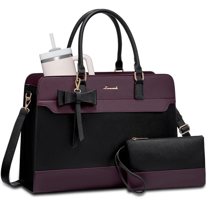 Сумка LOVEVOOK для жінок, велика, 15.6 дюймів, для ноутбука, робоча, елегантна, однотонна, шкіряна, для школи, офісу, ділових поїздок, shopper, tote bag (15.6 дюймів, фіолетово-чорна)