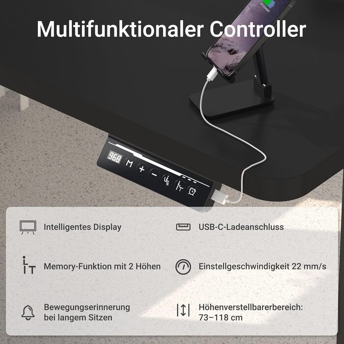 Регульований стіл для роботи з USB-C зарядкою 140 x 60 см, функція пам'яті. Стабільний електричний стіл, стоячий/сидячий, офісний, чорний.