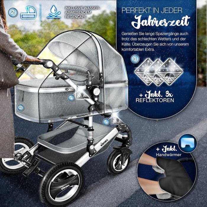 Дитяча коляска 3 в 1 KIDUKU® XXL Комплект | Комбінована коляска з люлькою, візком та автокріслом | З підніжкою, сумкою для підгузків, гріючою для рук, дощовиком, столиком для дитини | З гумовими колесами ECE R129 сірого/срібного кольору