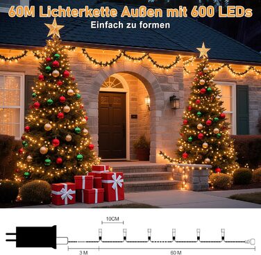 Гірлянда світлодіодна для прикраси ялинки та декору, 60 м, 600 LED, 8 режимів, вологостійка, з пультом, таймер, диммування, тепле біле світло, для дому та саду