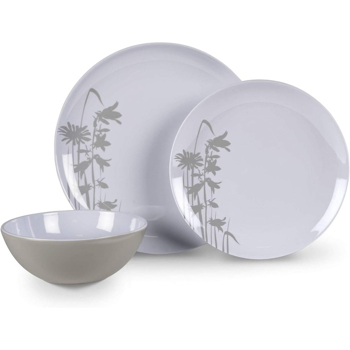 Набір посуду 12 предметів Меламіновий кемпінговий посуд для пікніка Біла/сіра квіткова трава.