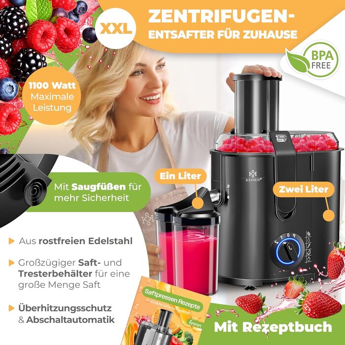 KESSER® Електрична центрифужна соковитискачка для фруктів та овочів з нержавіючої сталі, 1100W, велика завантажувальна воронка, 3 швидкості, сірий/сріблястий (чорний)