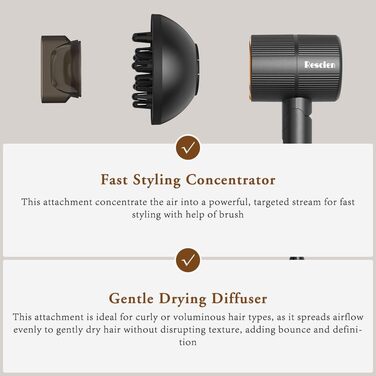 Компактний іонний фен для волосся 2000 Вт, складаний дорожній фен з дифузором та styling-насадкою, швидке сушіння, низький рівень шуму (Чорний)