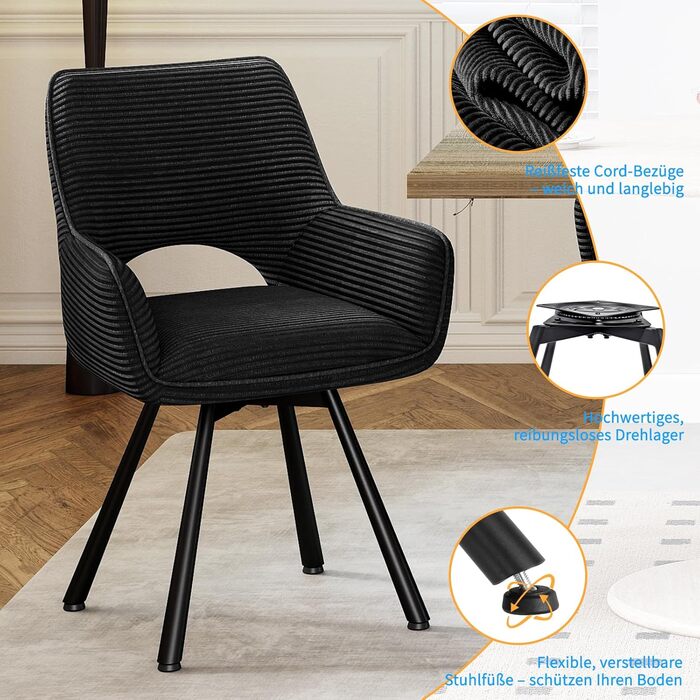 Ессі стільці 4 шт. поворотні 360°, з підлокітниками, металеві ніжки, для їдальні, вітальні, кухні, м'які, оксамитові, бежеві (1 поворотний, чорний)