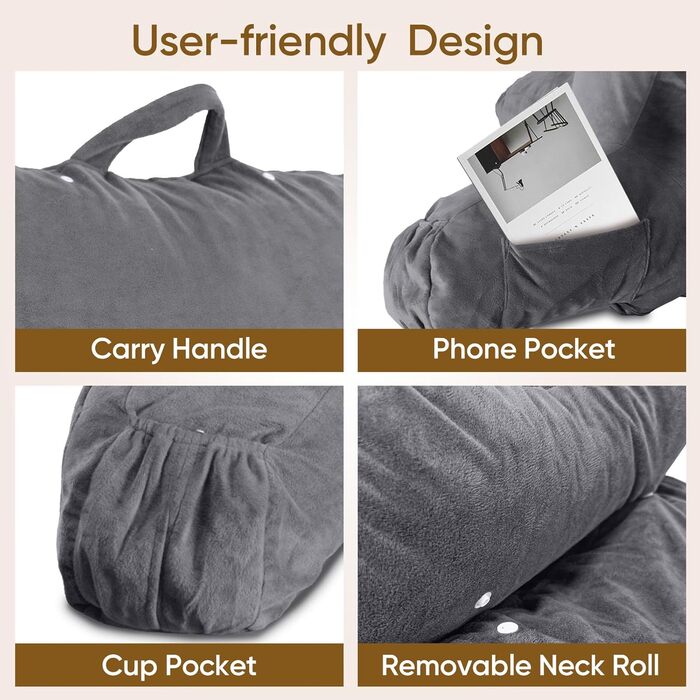 Подушка для сидіння в ліжку для дорослих, з меморі-піною, 63,5 см, зйомний валик для шиї, знімна та пральна наволочка, подушка для спини з подовженими підлокітниками