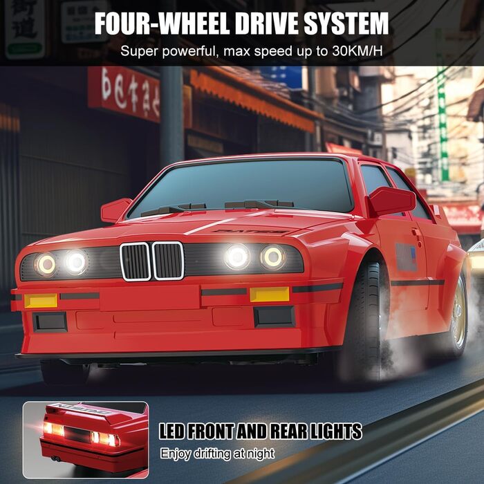 RC Автомобіль для дівчаток 1:16, Дрифт-кар зі світлодіодами 2.4GHz 4WD, Швидкість 30км/год, RTR, 2 акумулятори та дрифт-шини