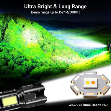 Ліхтар Blukar LED з двома температурами світла, бічним COB-підсвічуванням, регулюванням яскравості та зумом, акумуляторний, водонепроникний, 7 режимів, чорний