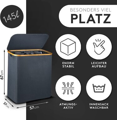 Кошик для білизни з кришкою 145L, водовідштовхуючий, 3 відділення, знімні мішки для білизни, складна коробка для білизни з інструкціями по пранню