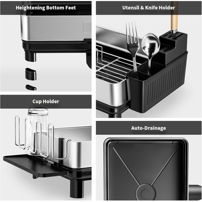 Сушарка для посуду Ewaiira з нержавіючої сталі, чорна, 1 ярус, з обертовим краном 360° та тримачем для столових приладів