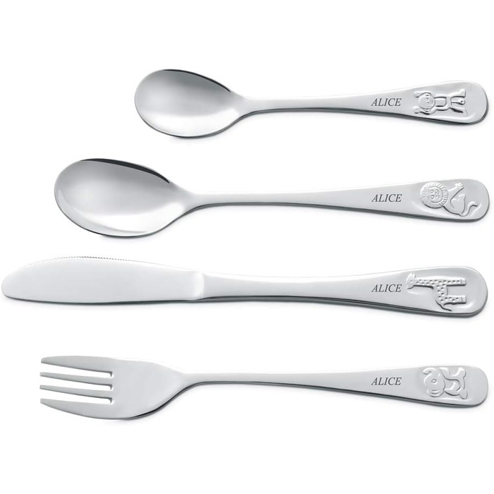 Набір дитячого столового прибору Maverton Kinderbesteck Set з гравіюванням - 4 предмети. Ідеальний подарунок для дітей від 3 років. З нержавіючої сталі, придатний для миття в посудомийній машині.