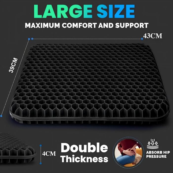 Ортопедична гелева подушка на сидіння для офісного крісла, авто та візків — м'яка подушка з антиковзаючим знімним чохлом, чорна (43x39x4 см)