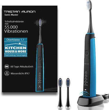Електрична зубна щітка Tristan Auron SonicMaster (Блакитна) - 6 голів, акумулятор 60 днів, 5 режимів, 55000 VPM, таймер 2 хв, з чохлом