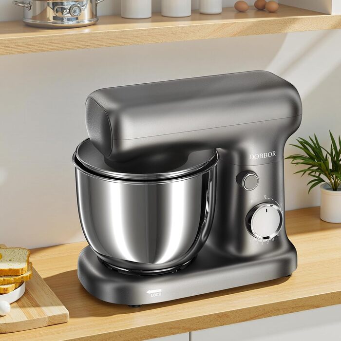 Кухонна машина-міксер з двома чашами 2.5L+3L, 10 швидкостей, 1500W, з гаком для тіста та насадкою для збивання, для випічки та щоденного приготування їжі (сріблясто-сірий)